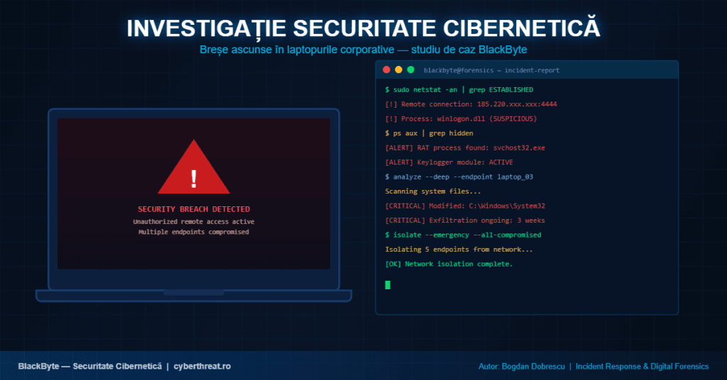 Investigație breșe de securitate cibernetică în laptopurile unei firme din România — BlackByte Bogdan Dobrescu
