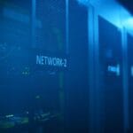 Server de retea cu iluminare albastra, simbolizand configurarea unui firewall pfSense